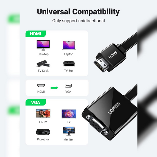 UGREEN - Adaptador HDMI macho a VGA hembra con audio 3.5mm 1920*1080@60Hz